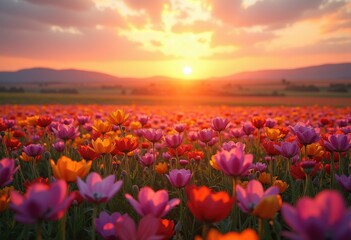 Vibrant Blossom-Filled Field at Sunset with Breathtaking Horizon and Colorful Floral Display