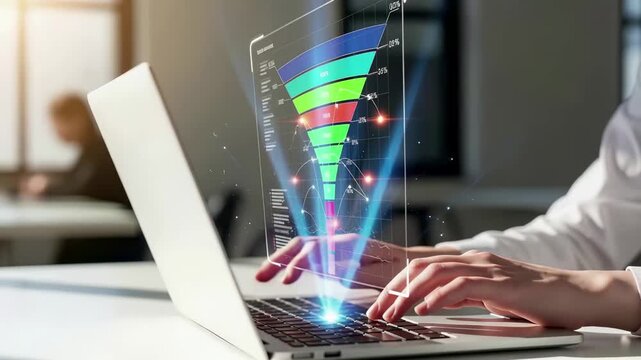 Holographic sales funnel chart with conversion analytics above laptop keyboard. Digital marketing dashboard visualization, business performance metrics and data driven strategy optimization concept.