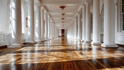 Naklejka premium Sunlit colonnade hallway with polished wooden floor