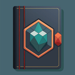 Stylized vector illustration of a magical spellbook with a geometric crystal emblem on a dark background