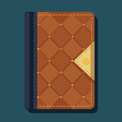 Vector illustration of a brown leather book with a button clasp, quilted pattern, and dark blue spine on a teal background.