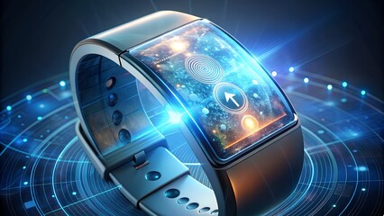 Futuristic smartwatch glowing with digital interface and cosmic background, representing advanced technology