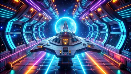 Fototapeta premium Futuristic spaceship interior with vibrant neon lights and a planet view