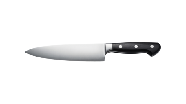 Professional chef's knife with sleek steel blade and dark ergonomic handle