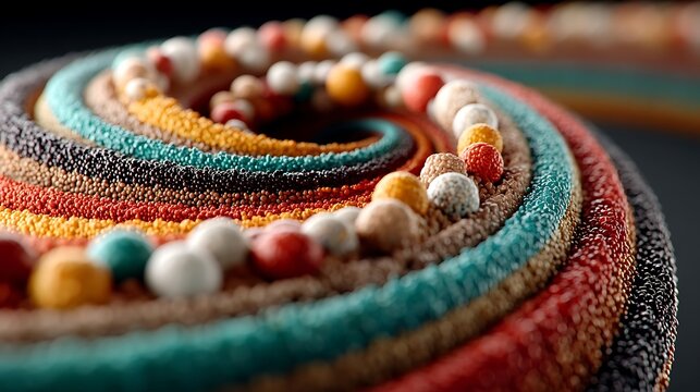 the image shows a spiral formed from multi colored textured strands, arranged in a concentric pattern around a central point