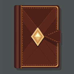 Vector illustration of a vintage leather journal with a diamond clasp design on a dark gray backdrop.