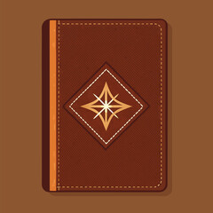 Vintage style illustration of a closed leather journal with decorative diamond emblem design on brown background