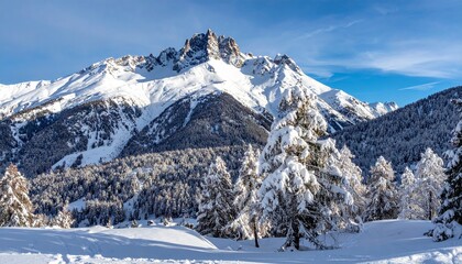 Snow-draped evergreens bow beneath a sky of silence—while mountain peaks rise like frozen hymns in a cathedral of light.