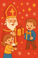 Fototapeta premium Illustration of Saint Nicholas giving gifts to children