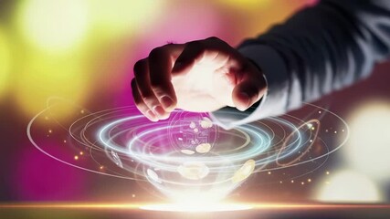 Hands holding holographic projection, virtual reality interface, futuristic digital technology, glowing energy visualization, augmented interaction, cyber innovation concept, magical light display. - Powered by Adobe