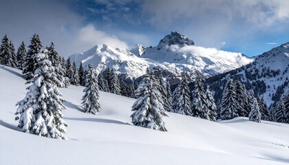 A majestic alpine dawn where snow-laced evergreens and a towering peak rise above the clouds, inviting awe and quiet wonder.