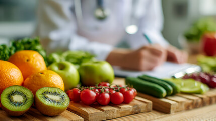 Close-up of fresh fruits and vegetables including oranges, kiwi, apples, cherry tomatoes, and cucumbers on wooden boards with a nutritionist writing in the background