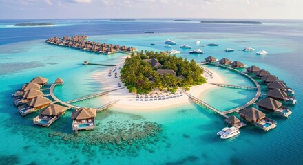 Tropical island resort with palm trees buildings and numerous overwater villas on clear turquoise water connected by walkways White sand beaches and boats