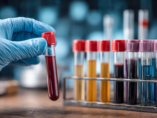 Close-up of a gloved hand holding a test tube with red liquid, surrounded by various test tubes containing colorful samples for laboratory analysis and research