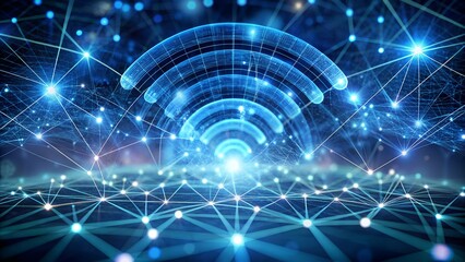 Dynamic digital network glowing with blue connectivity and futuristic Wi-Fi signals