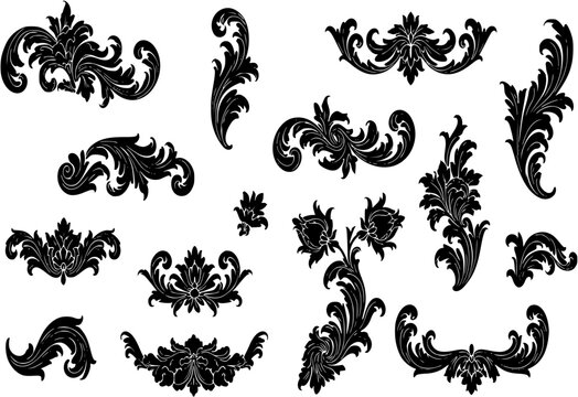 Set of black and white flower vector siluette ornaments, black and white gand drawing floral vector set
