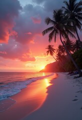 Serene Beach Sunset Vibrant Colors Tranquil Ocean Sky Reflection Peaceful Sand Coastline