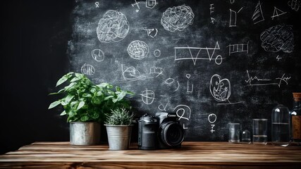 Study desk with chalk drawings and tools - Powered by Adobe