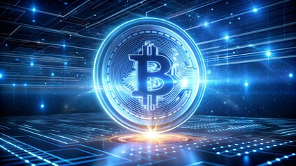 Stunning Bitcoin symbol glows with futuristic digital network energy, symbolizing cryptocurrency innovation