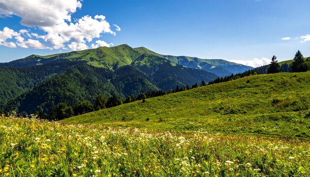 Lush green mountain meadow, wildflowers, rolling hills, blue sky, fluffy clouds