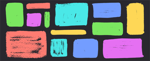 Set of torn sticker shapes for kids, featuring a freeform collage of grunge marker, wax, and charcoal painting. Child style draw template in green, coral, blue, yellow and purple. Vector illustration