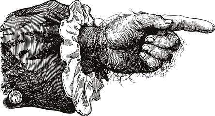 Vector engraving hairy hand of monkey or orangutan wearing gentleman's  or noble clothes, in pointing finger gesture. Vintage old book style illustration.