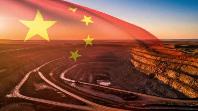 video, illustration, gold or coal mining with the China flag in the sky, background, industry,
