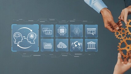 Two hands connect gears while discussing artificial intelligence concepts with digital icons, symbolizing collaboration and innovation in technology-driven solutions. Raster