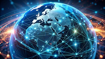 Dynamic global network connecting continents with vibrant light streams and digital data flow