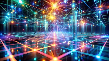 Dynamic digital network grid with vibrant glowing connections and futuristic data streams