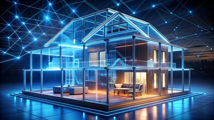 Futuristic smart home concept with glowing digital network overlaying transparent architecture
