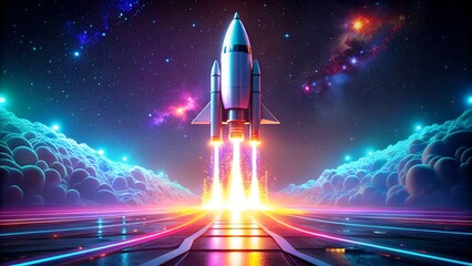 Obraz premium Futuristic rocket blasts off into vibrant nebula sky with glowing neon pathways