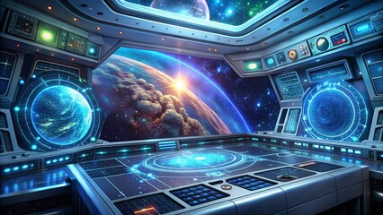 Obraz premium Advanced spaceship bridge commands stunning cosmic vista, futuristic technology awaits exploration