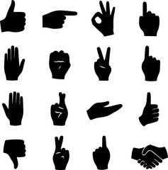 Black silhouette hand gesture icons including thumbs up, pointing, okay sign, peace, victory, fist, handshake, and stop sign. Useful for UI, infographics, and social media.
