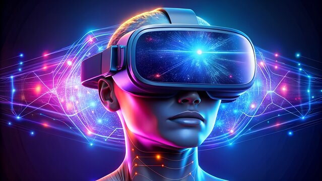 Immersive virtual reality experience with futuristic headset and glowing digital network