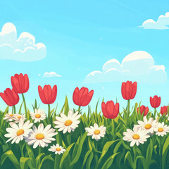 Fototapeta premium Red Tulips and White Daisies Blooming in Spring Field
