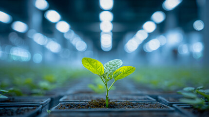 Close-up of young green seedling growing in soil with blurred background of greenhouse lights and rows of plants in modern agricultural environment