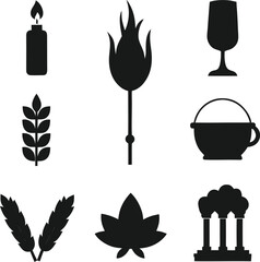 Collection of black silhouettes representing various symbols including candle wheat goblet torch pot and beer mug isolated on white background isolated on transparent background