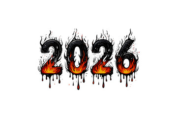 Fiery 2026 new year illustration isolated on transparent background burning numbers with dripping molten effect for festive designs