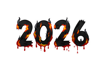The year 2026 is depicted with a fiery and dripping design, isolated on transparent background