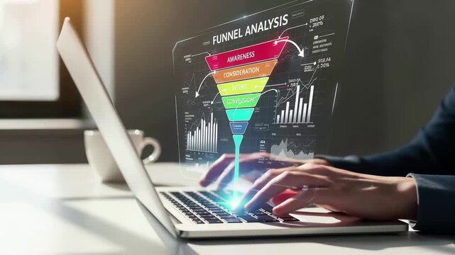 Digital marketing funnel analysis dashboard with conversion metrics, customer journey stages, performance analytics, and business intelligence data visualization on laptop computer.