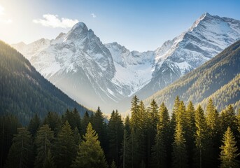 Obraz premium Majestic snowcapped mountains bathed in golden sunlight, with a dense forest in the foreground