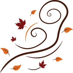 Autumn leaves swirling in the wind with stylized brown branches isolated on white background isolated on transparent background silhouette