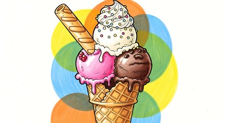 A colorful hand-drawn ice cream cone with three scoops including a vibrant pink strawberry flavor, topped with sprinkles and a wafer stick, set against a playful multicolor circle background.