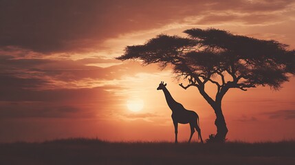Giraffe silhouette standing near a tree against a vibrant sunset in an african landscape scene