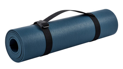 Rolled blue yoga mat with adjustable strap for easy transport and storage