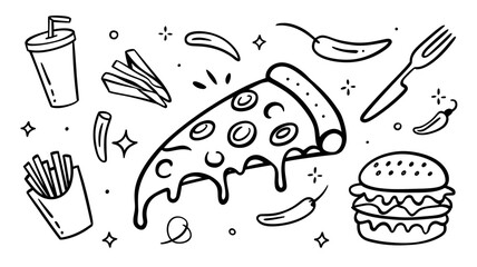 Delicious cartoon doodle set featuring a slice of pizza french fries a burger a drink and spicy chili peppers perfect for food lovers