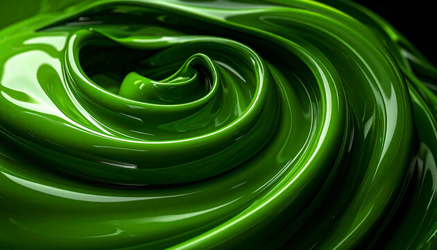 Vibrant green liquid forming swirling patterns in motion, black backdrop. Smooth, glossy texture