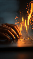 Detailed view of hands on a laptop keyboard with glowing orange financial chart and light particles