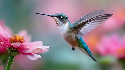 Fototapeta premium A hummingbird hovering near a pink flower with its wings spread in a colorful garden scene outdoors